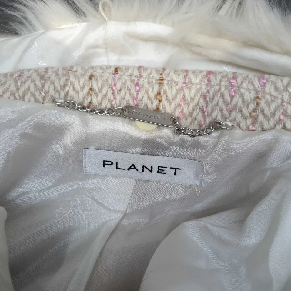 PLANET WOOL-BLEND COAT WITH FAUX FUR COLLAR - BEIGE, UK 12