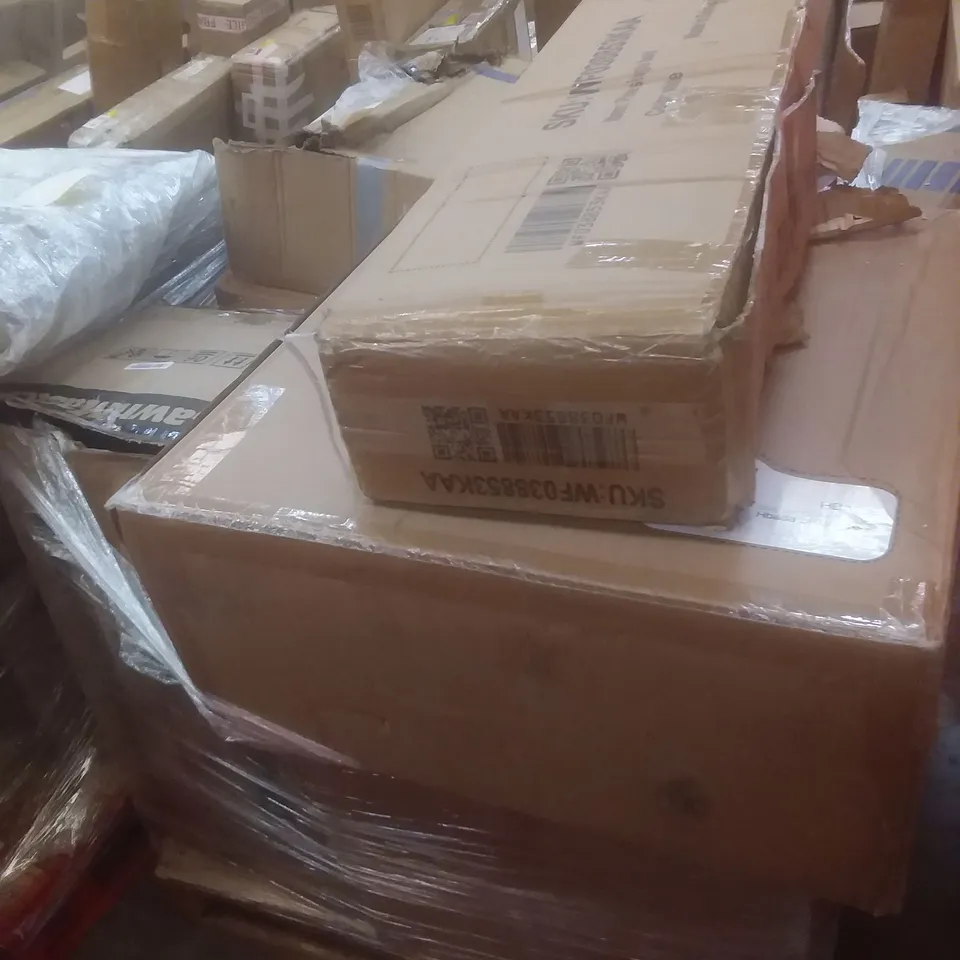 PALLET OF ASSORTED ITEMS INCLUDING PINE SINGLE BED, OFFICE CHAIR, JANITOR CART LAWNMOWER