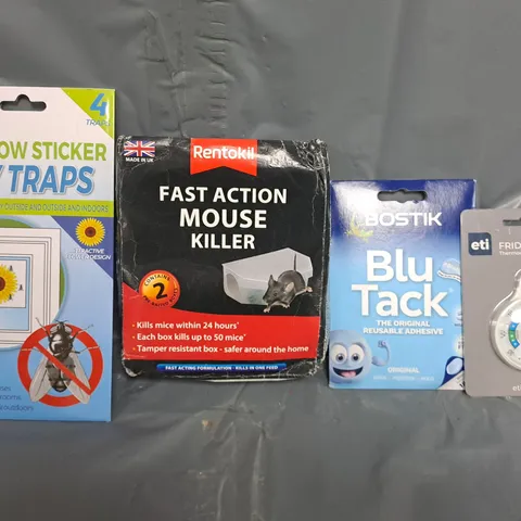 APPROXIMATELY 15 ASSORTED HOUSEHOLD ITEMS TO INCLUDE WINDOW STICKER FLY TRAPS, BLU TACK, ETC