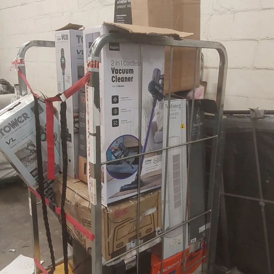 CAGE CONTAINING A LARGE QUANTITY OF ASSORTED ITEMS INCLUDING: TOWER VACUUM CLEANERS, RUSSELL HOBBS UPRIGHT VACUUM CLEANER, MACROMAX SPIN MOP, TOWER FANS ECT // CAGE NOT INCLUDED