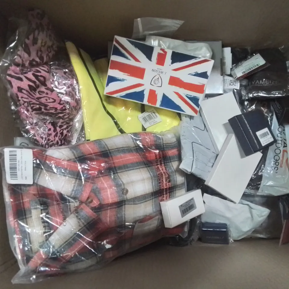 BOX CONTAINING LARGE AMOUNT OF MIXED FASHION ITEMS, SILVER PLATE AND COSTUME JEWELLERY, CLOTHING ITEMS ETC.