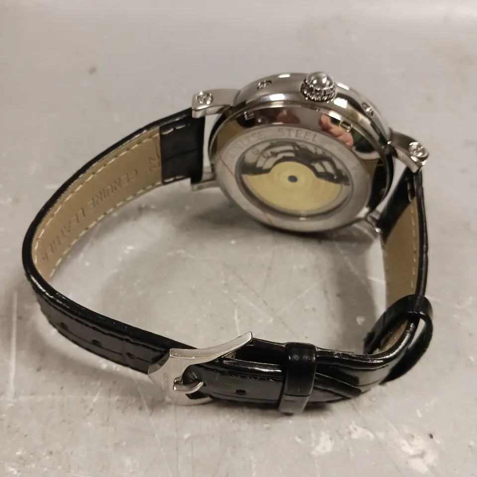 MENS VONLANTHEN AUTOMATIC WATCH – DATE YEAR SUB DIAL COMPLICATIONS – OPEN HEART MOVEMENT – GLASS EXHIBITION BACKCASE – BLACK LEATHER STRAP