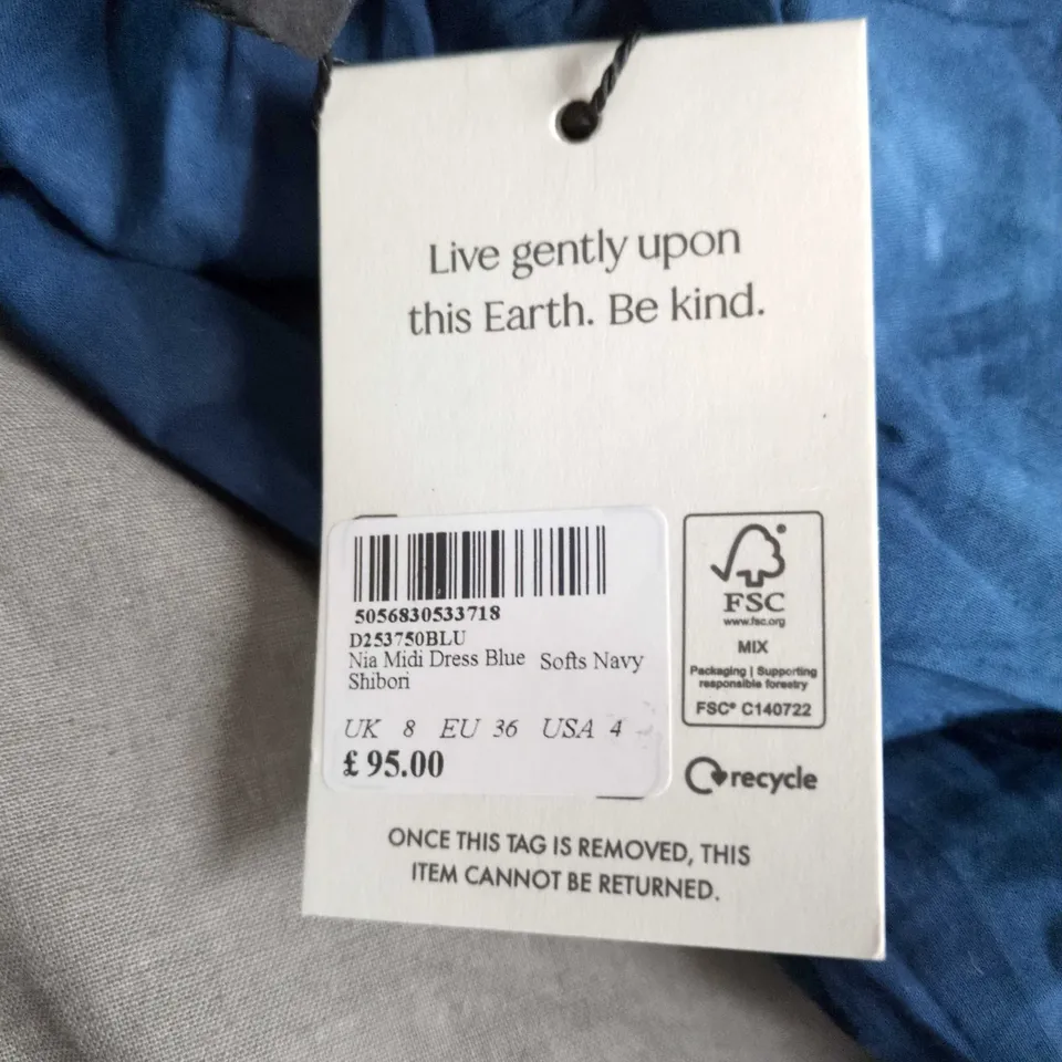 NOBODY'S CHILD NIA MIDI DRESS BLUE NAVY SHIBORI, UK 8