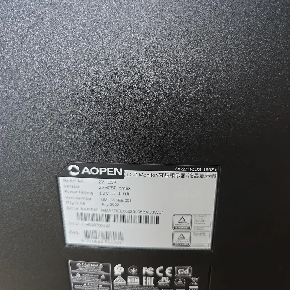 AOPEN 27-INCH CURVED SCREEN LCD MONITOR – MODEL 27HC5R