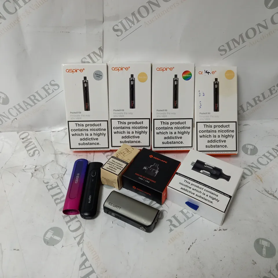 APPROXIMATELY 10 ASSORTED E-CIG PRODUCTS TO INCLUDE ASPIRE, GEEKVAPE, INNOKIN ETC. 