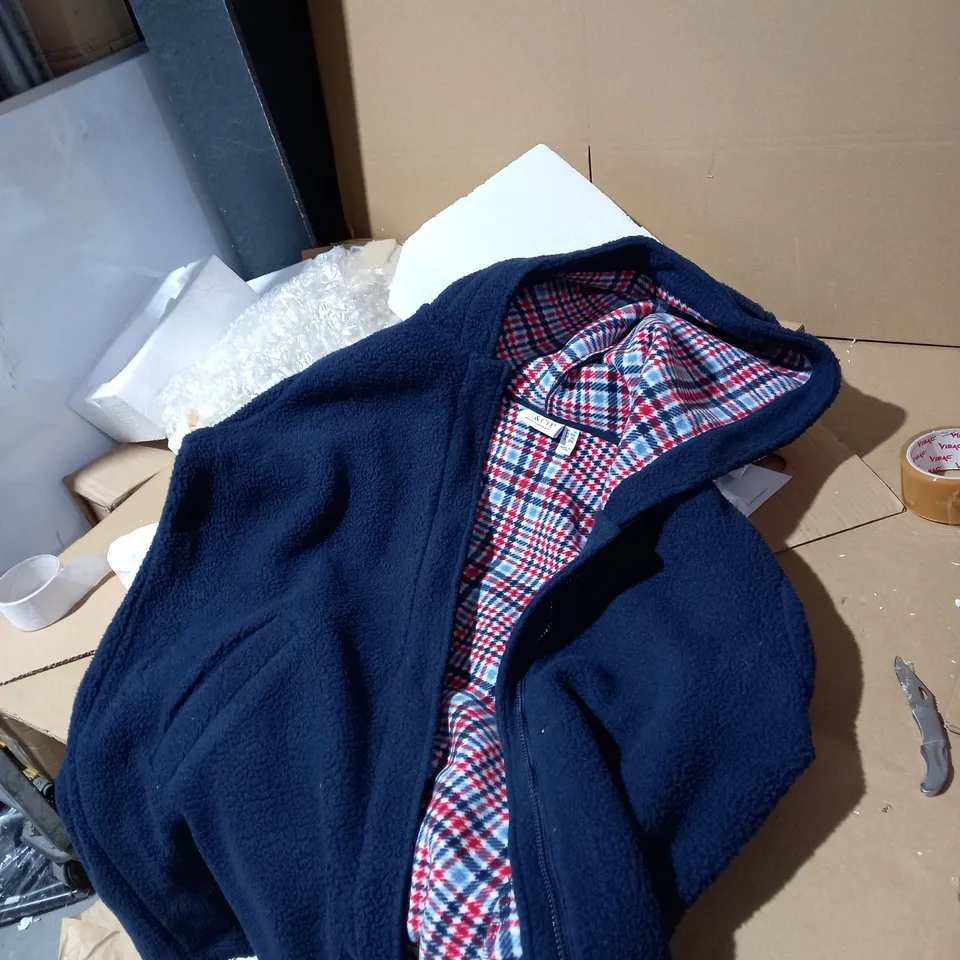 DENIM & CO. FLEECE & SHERPA COAT WITH HOOD BLUE AND RED