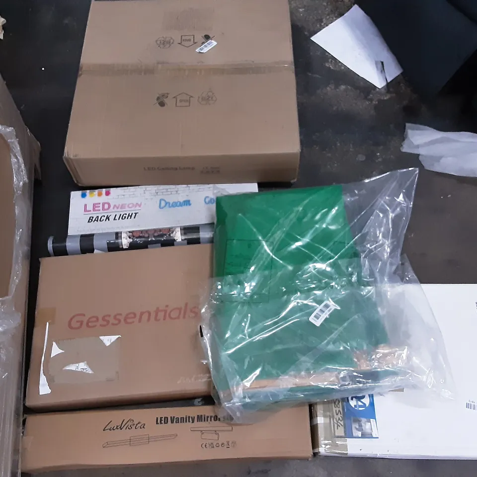 PALLET OF ASSORTED PRODUCTS INCLUDING LED VANITY MIRROR LIGHT, LED CEILING LAMP, LED NEON BACK LIGHT, MODENA MIRROR, BIG BOY XL CAMPING CHAIR WITH COOLER BAG, BAMBOO CUTLERY ORGANISER 