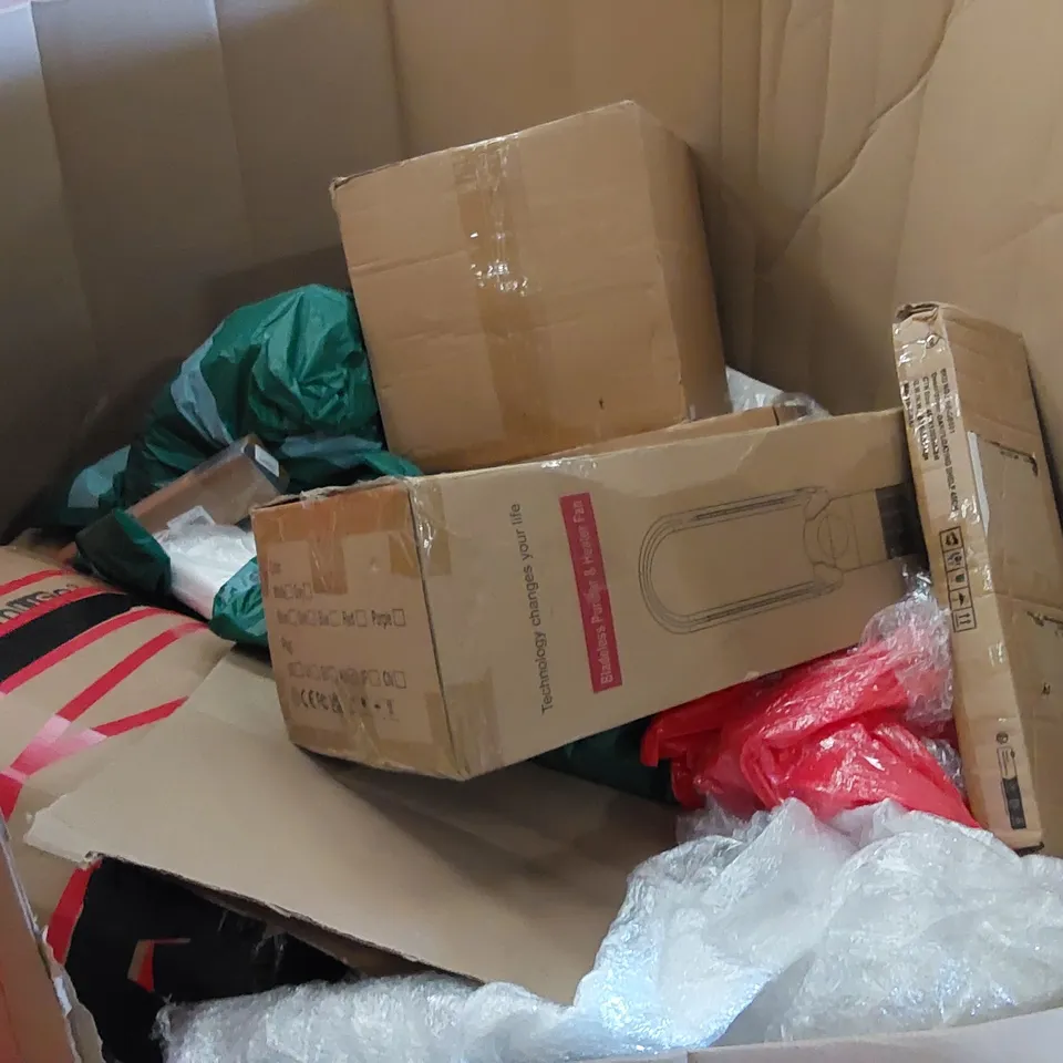 PALLET TO CONTAIN ASSORTED HOUSEHOLD ITEMS AND CONSUMER PRODUCTS. INCLUDES HEATER FAN, MATTRESS TOPPER, SHELF, BOXED FURNITURE ETC 