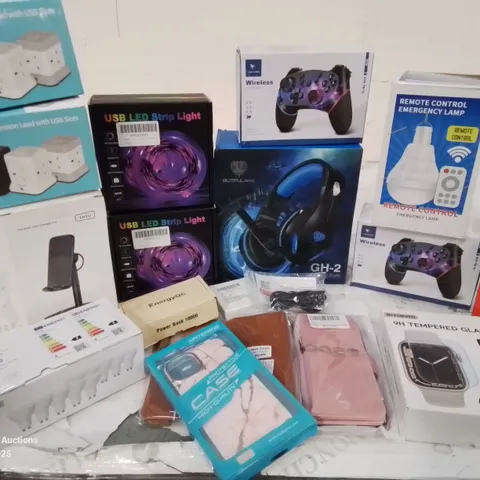 BOX CONTAINING LARGE AMOUNT OF BOXED ELECTRICAL ITEMS TO INCLUDE: MULTI-SOCKETS, PHONE CASES, WIRELESS GAMING CONTROLLERS, USB LED LIGHT STRIPS, SMART WATCH SCREEN PROTECTION AND LOTS MORE.