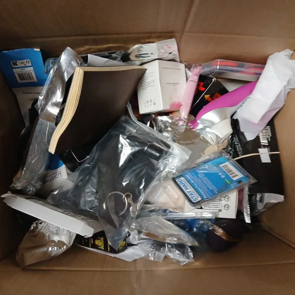 BOX OF APPROX 10 ASSORTED ADULT ACCESSORIES TO INCLUDE DILDO, COCK RINGS AND BULLETS 