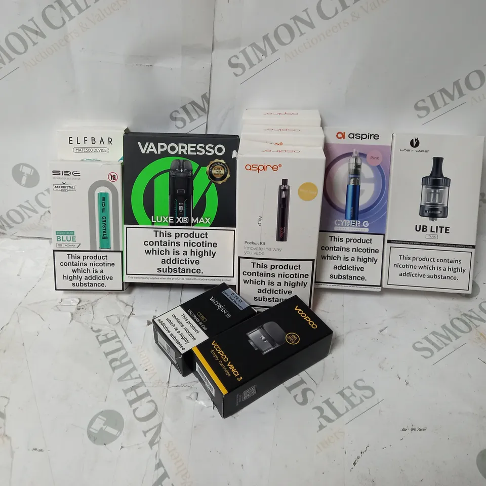 BOX OF APPROXIMATELY 10 ASSORTED E-CIG PRODUCTS TO INCLUDE VAPORESSO LUXE XR MAX, LOST VAPE UB LITE, ASPIRE CYBER G ETC. 