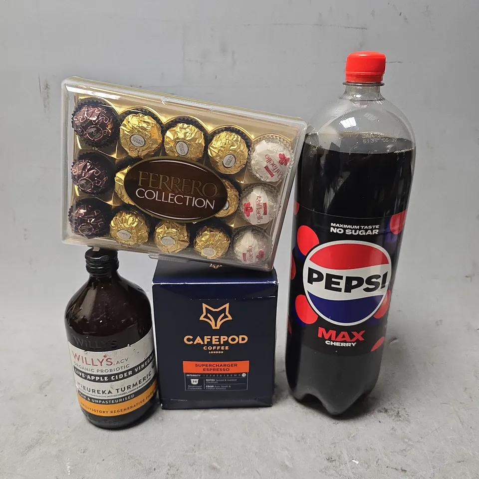 APPROXIMATELY 7 ASSORTED FOOD & DRINK ITEMS TO INCLUDE - PEPSI MAX CHERRY , FERRERO COLLECTION , CAFEPOD ESPRESSO ETC