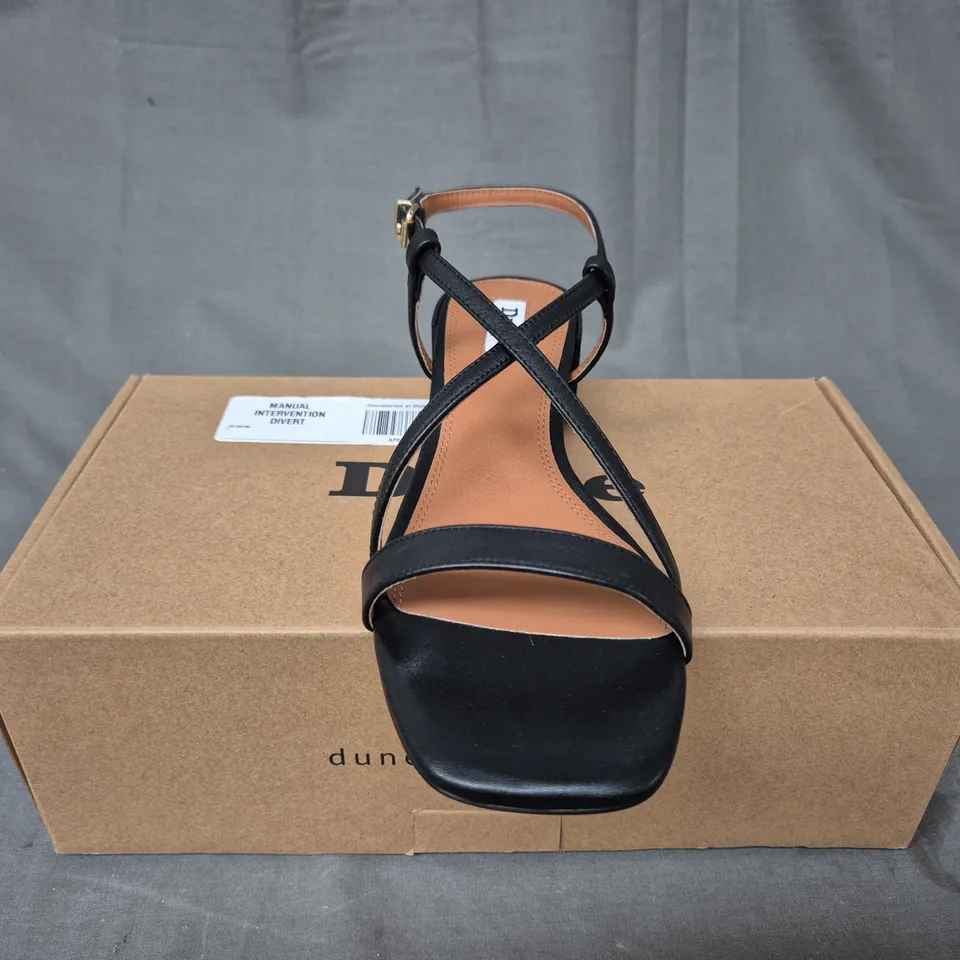 BOXED DUNE BLACK LEATHER LOW BLOCK SANDAL - SIZE 4 