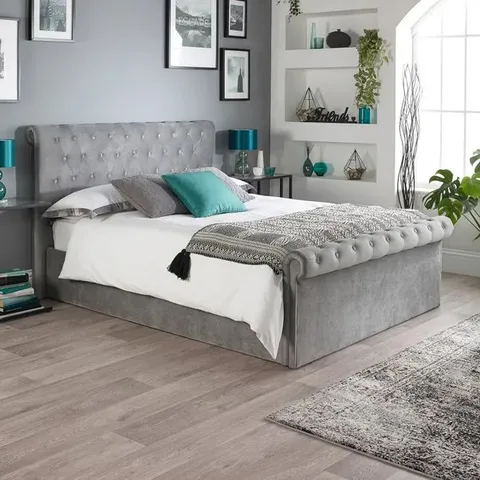 BOXED ASPIRE CHESTERFIELD OTTOMAN BED GREY, SIZE SINGLE (2 BOXES)