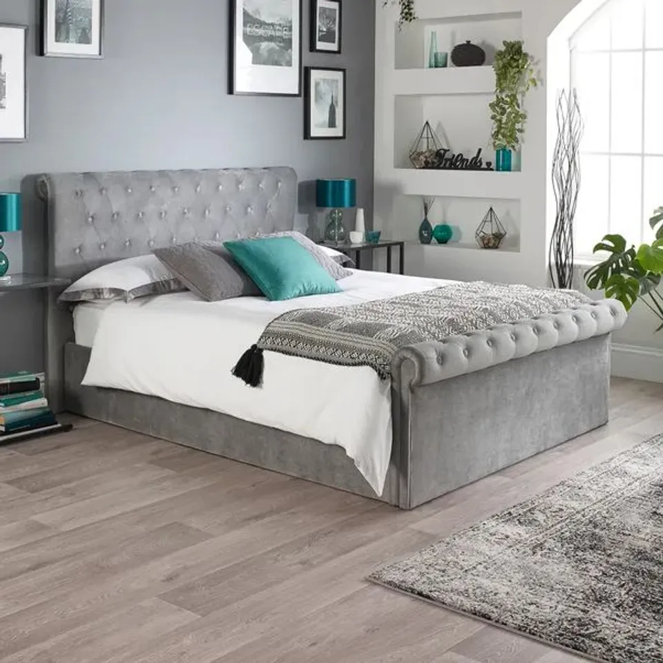 BOXED ASPIRE CHESTERFIELD OTTOMAN BED GREY, SIZE SINGLE (2 BOXES)