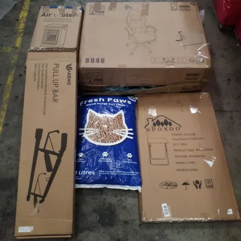 PALLET CONTAINING ASSORTED PRODUCTS INCLUDING AIR COOLER, OFFICE CHAIR, PULL UP BAR, CAT LITTER & FOLDING TABLE