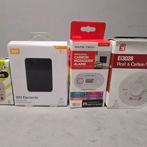 TOTE OF APPROXIMATELY 10 ASSORTED ITEMS TO INCLUDE - EI CARBON MONOXIDE ALARM , WD PORTABLE HDD , SAFE TECH CARBON MONOXIDE ALARM ETC