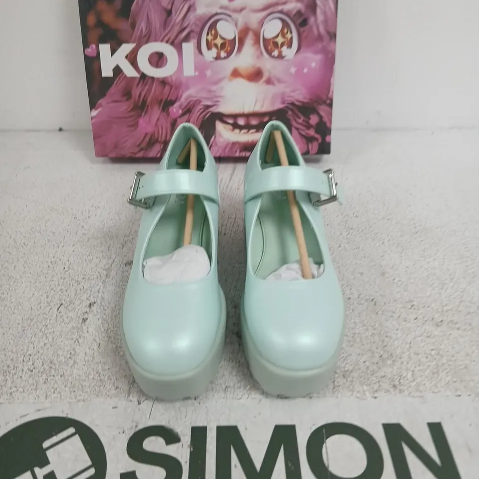 BOXED PAIR OF KOI TIRA PEARL MARY JANES SKY JEWEL EDITION IN BLUE SIZE UK 4