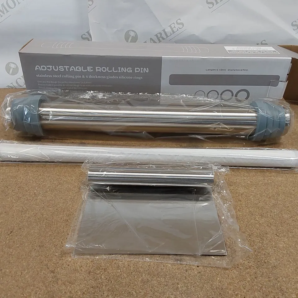 BRAND NEW BOXED ADJUSTABLE STAINLESS STEEL ROLLING PIN WITH 4 SILICONE THICKNESS GUIDES (1 BOX)