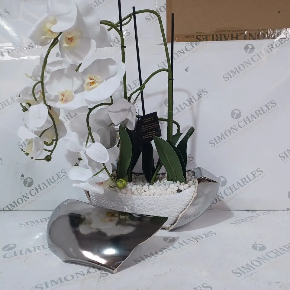 JM BY JULIEN MACDONALD 3 STEM REAL TOUCH FAUX ORCHID IN CERAMIC METALLIC VESSEL