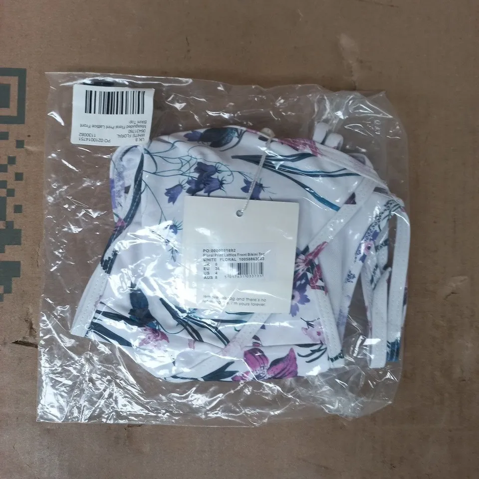 BAGGED MISSGUIDED FLORAL PRINT LATTICE FRONT BIKINI TOP IN WHITE FLORAL SIZE UK 8