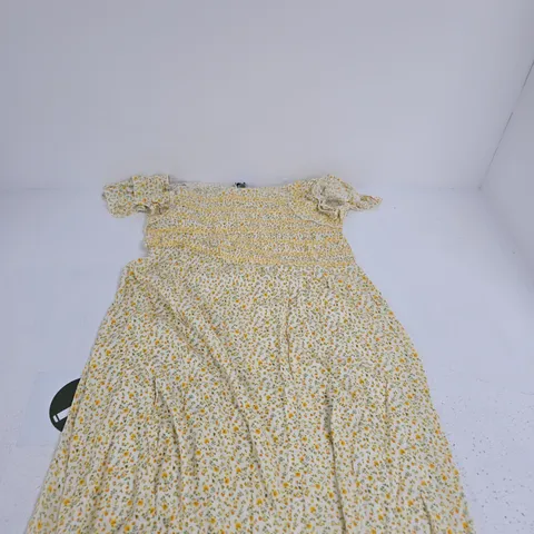 MUDFLOWER WOMEN'S FLORAL SMOCKED DRESS, CREAM WITH YELLOW PRINT, UK SIZE 16