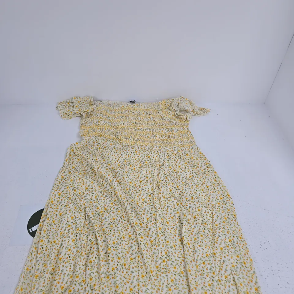 MUDFLOWER WOMEN'S FLORAL SMOCKED DRESS, CREAM WITH YELLOW PRINT, UK SIZE 16