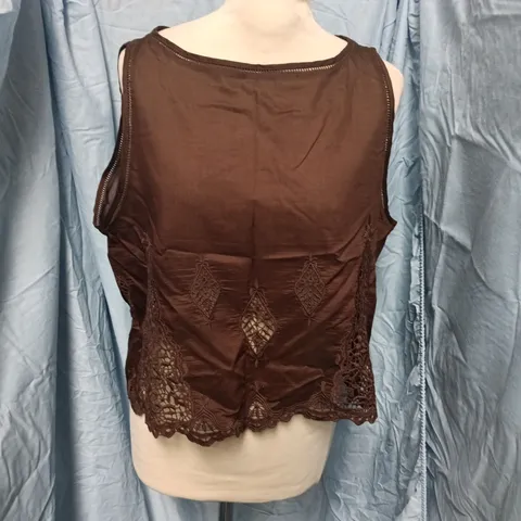 ZARA BROWN SLEEVELESS TOP WITH LACE HEM - UK SIZE L (US L)