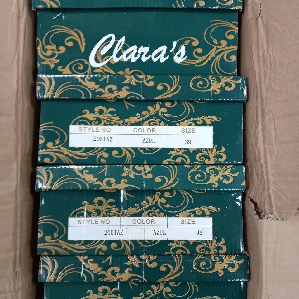 APPROXIMATELY 12 BOXED PAIR OF CLARA'S HIGH HEEL SHOES IN AZUL TO INCLUDE SIZES 36, 38, 39