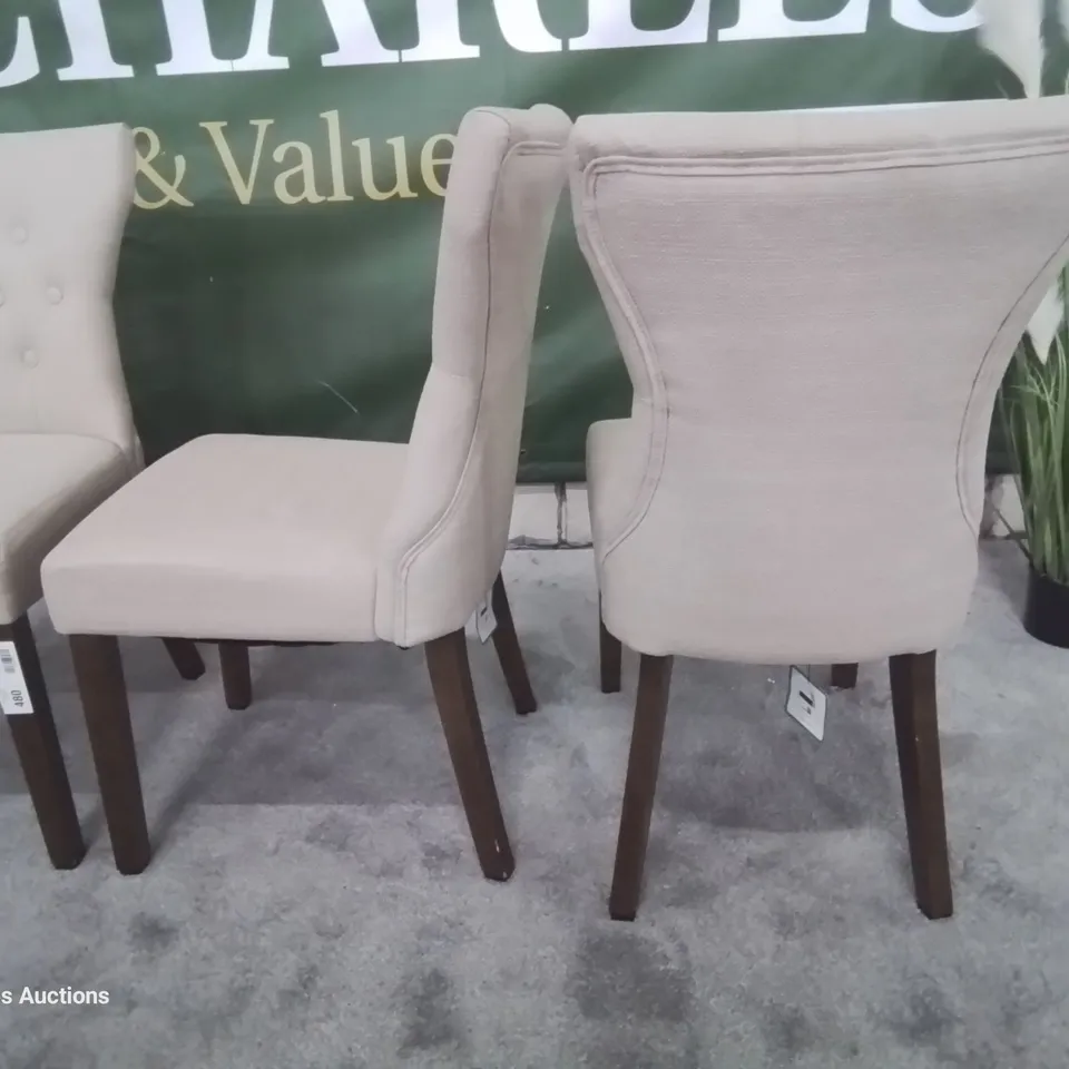 SET FOUR BEWLEY OATMEAL FABRIC BUTTONED BACK DINING CHAIRS  DARK LEGS