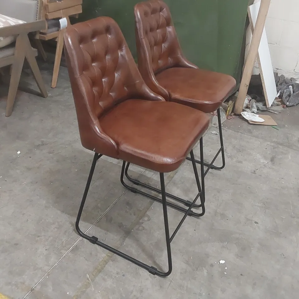 PAIR OF GENUINE LEATHER BUTTON-TUFTED SEAT | BLACK METAL BASE WITH FOOTREST | 66CM KITCHEN COUNTER HEIGHT BAR CHAIRS