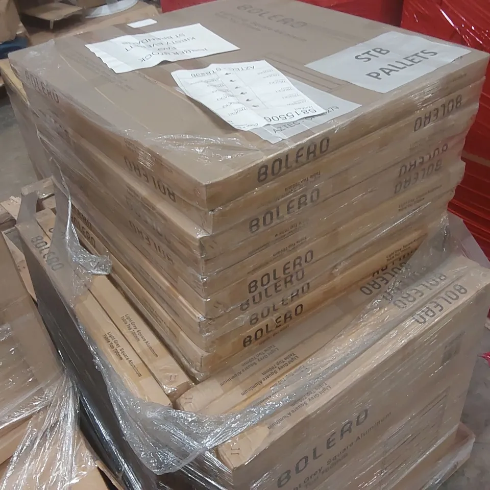PALLET CONTAINING A VERY LARGE QUANTITY OF BRAND NEW BOXED BOLERO ALUMINIUM TABLE TOPS