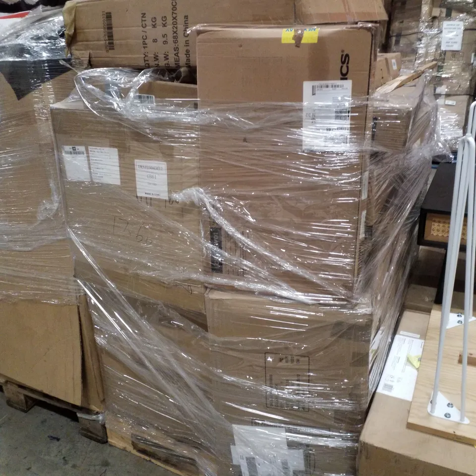 PALLET CONTAINING ASSORTED PRODUCTS INCLUDING LAUNDRY HAMPER, CONSOLE TABLE & TALL ELECTRIC PATIO HEATERS