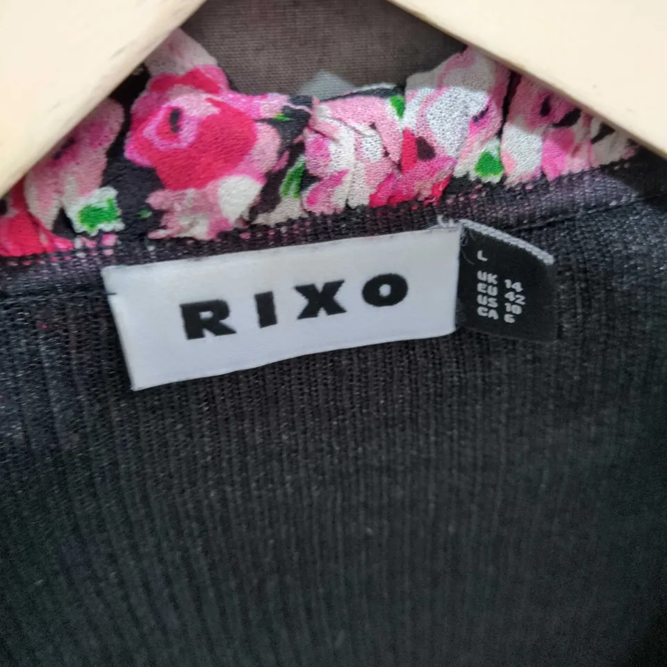 RIXO BLACK KNIT CARDIGAN WITH PINK FLORAL RUFFLE COLLAR & CUFFS – UK 14 (EU 42, US 10)