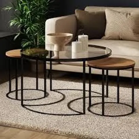 BOXED GFW FEMI OAK GLASS TOP NEST OF TABLES SET OF 3