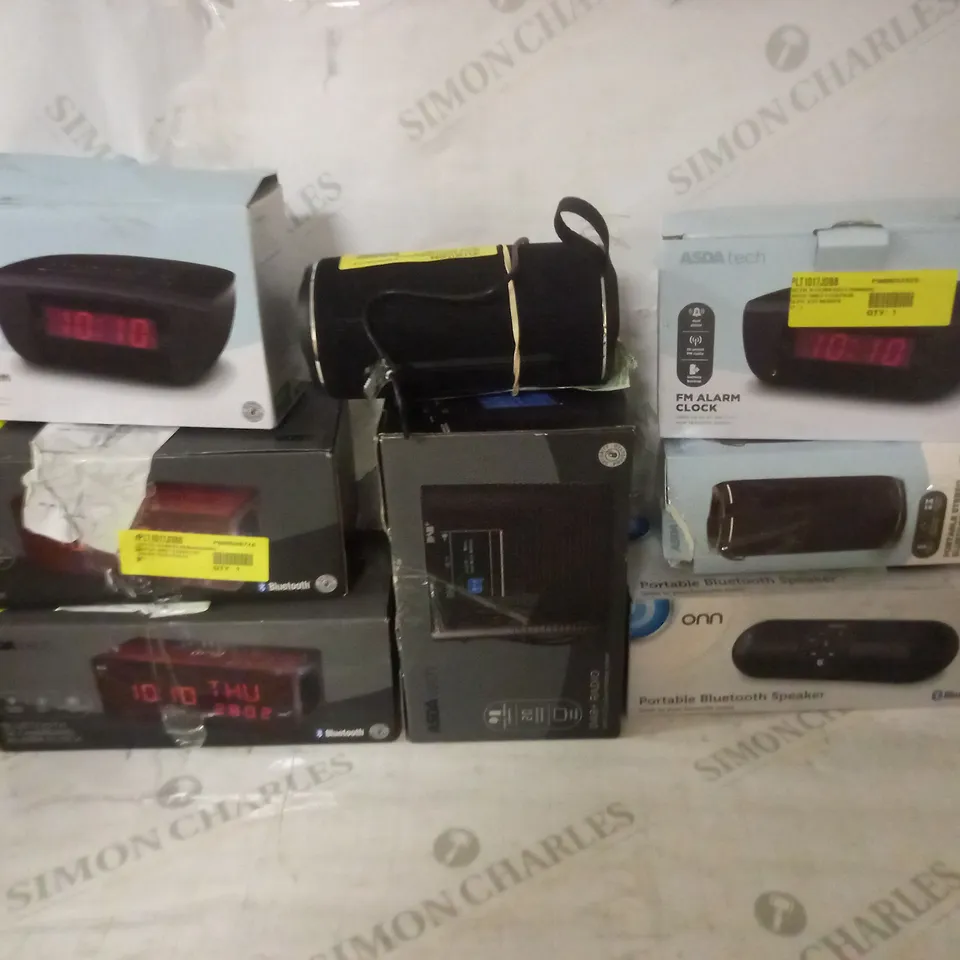 LOT OF 8 ASSORTED ALARMK CLOCKS AND BLUETOOTH SPEAKERS