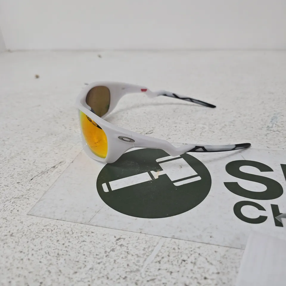 OAKLEY SUNGLASSES – WHITE FRAME, ORANGE MIRROR LENSES