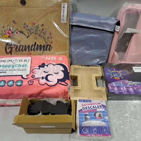 APPROX 10 ASSORTED HOUSEHOLD ITEMS TO INCLUDE NAPPIES, GRANDMA BAG, LED STRIP LIGHTS, ETC 