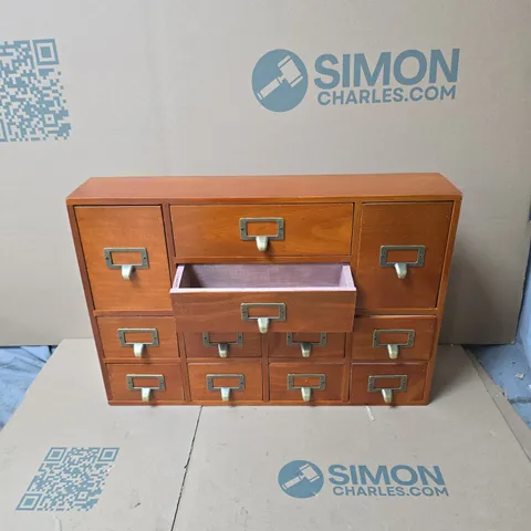 WOODEN TABLETOP APOTHECARY CABINET, WITH SMALL DRAWERS BOXED