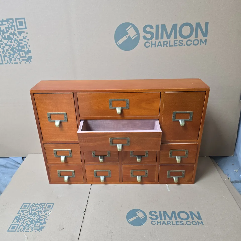 WOODEN TABLETOP APOTHECARY CABINET, WITH SMALL DRAWERS BOXED