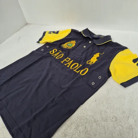 POLO RALPH LAUREN POLO SHIRT β NAVY WITH YELLOW SLEEVES, CUSTOM SLIM FIT, UK S (BACK '3' DESIGN)