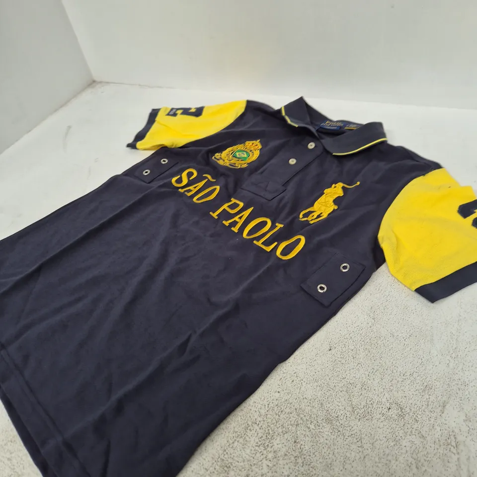 POLO RALPH LAUREN POLO SHIRT – NAVY WITH YELLOW SLEEVES, CUSTOM SLIM FIT, UK S (BACK '3' DESIGN)