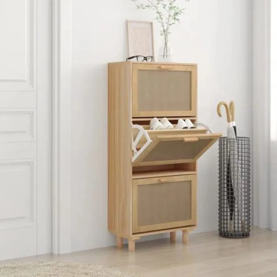 BOXED SHOE CABINET 25X25X115 CM ENGINEERED WOOD & NATURAL RATTAN (1 BOX)