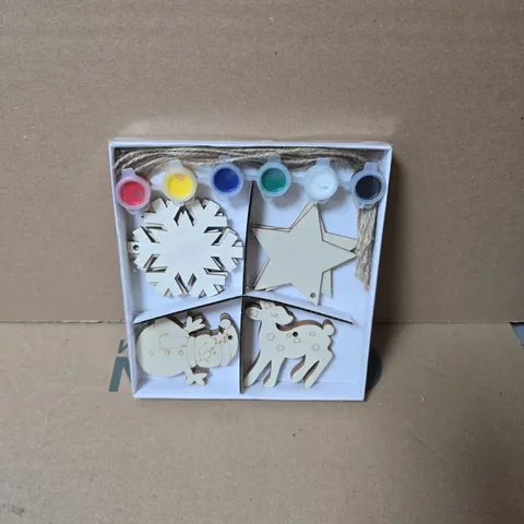 BOX OF APPROXIMATELY 50 GISELLA GRAHAM WOODEN CRAFT DECORATION KIT WITH PAINT POTS – SNOWFLAKE, STAR & ANIMAL SHAPES
