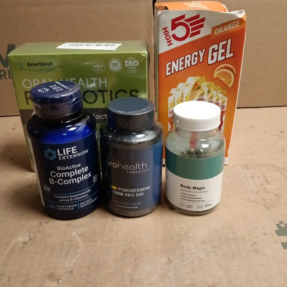 TOTE OF APPROXIMATELY 20 ASSORTED HEALTH/VITAMIN RELATED ITEMS TO INCLUDE HIGH 5 ENERGY GEL, ORAL HEALTH PROBIOTICS, BODY MAGIC, PROHEALTH LONGEVITY, COMPLETEB COMPLEX ETC