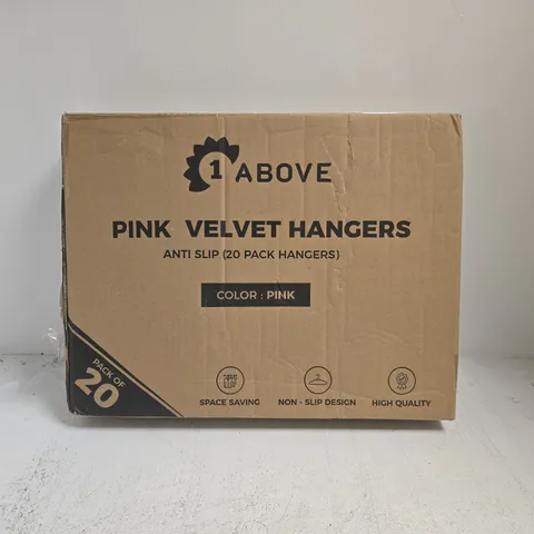 BOXED 1 ABOVE SET OF 20 PINK ANTI-SLIP VELVET CLOTHES HANGERS