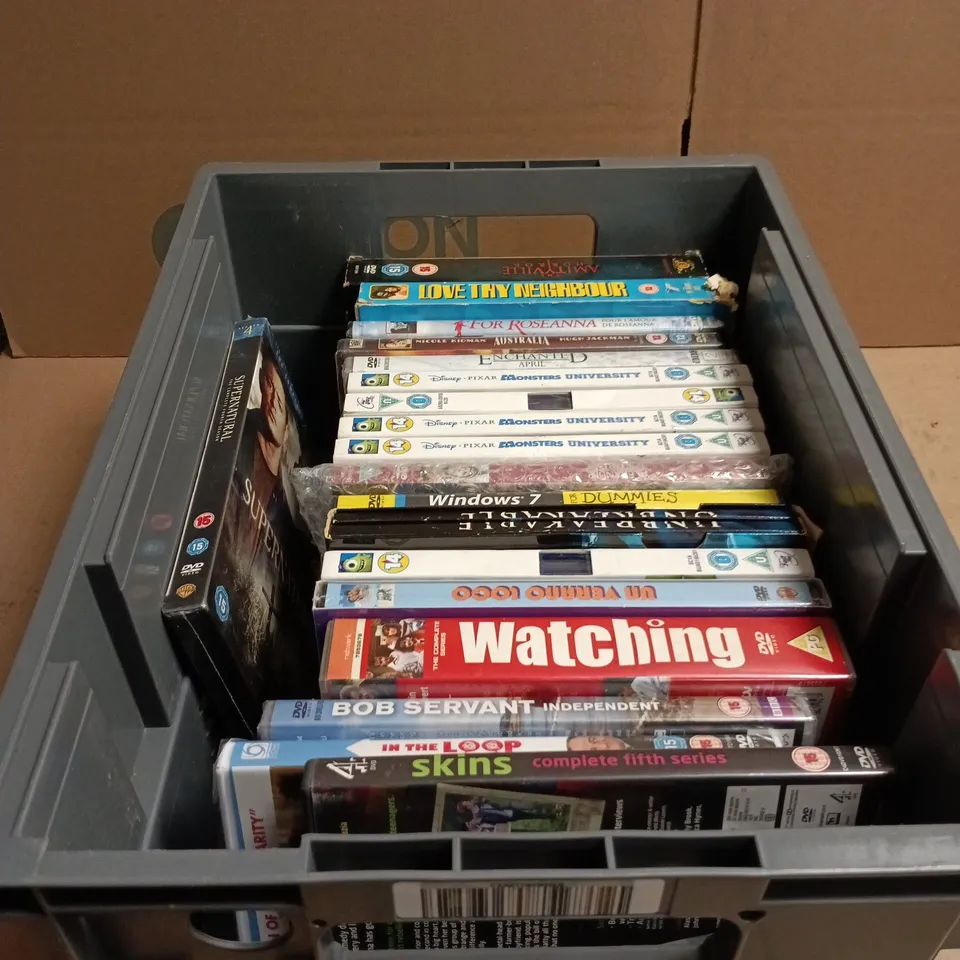 TOTE OF APPROXIMATELY 18 ASSORTED DVDS TO INCLUDE THE AMITYVILLE HORROR 2 FILM BOXSET, LOVE THY NEIGHBOUR 4 DVD BOX SET, SUPERNATURAL COMPLETE SEASON 4, SKINS COMPLETE FIFTH SEASON ETC 