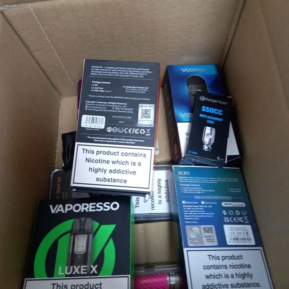 BOX OF APPROXIMATELY 10 ASSORTED E-CIG PRODUCTS TO INCLUDE ASPIRE, OXVA, VAPORESSO ETC