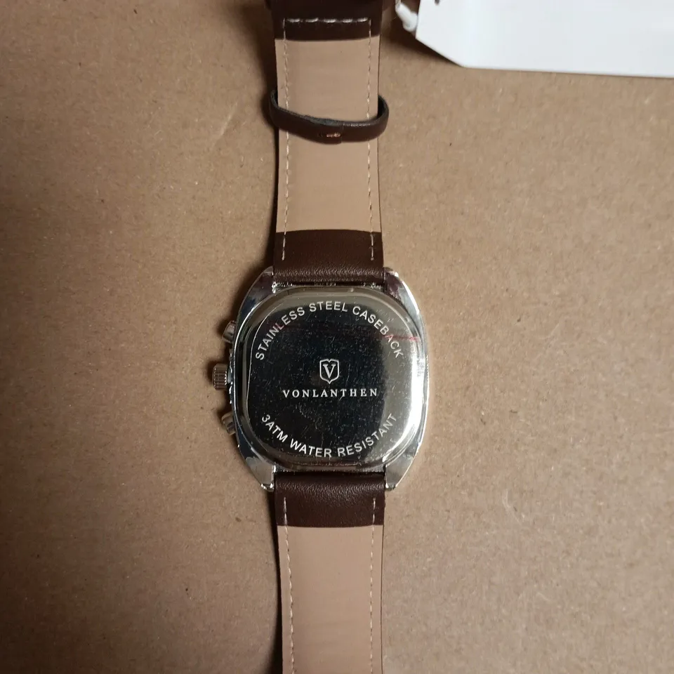 BOXED VONLANTHEN STAINLESS STEEL WATCH WITH GREEN DIAL AND BROWN LEATHER STRAP