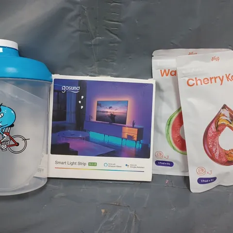 APPROXIMATELY 10 ASSORTED HOUSEHOLD ITEMS TO INCLUDE CHERRY KOLA AIR UP AROMA POD, SMART STRIP LIGHT, WATER BOTTLE, ETC